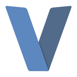 A capitalized letter V colored blue